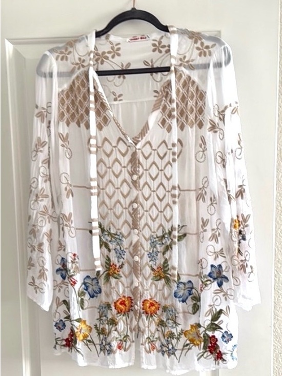 Johnny Was Tops - Johnny Was White Sheer Embroidered Tunic with Tan Lattice and Multicolor Floral